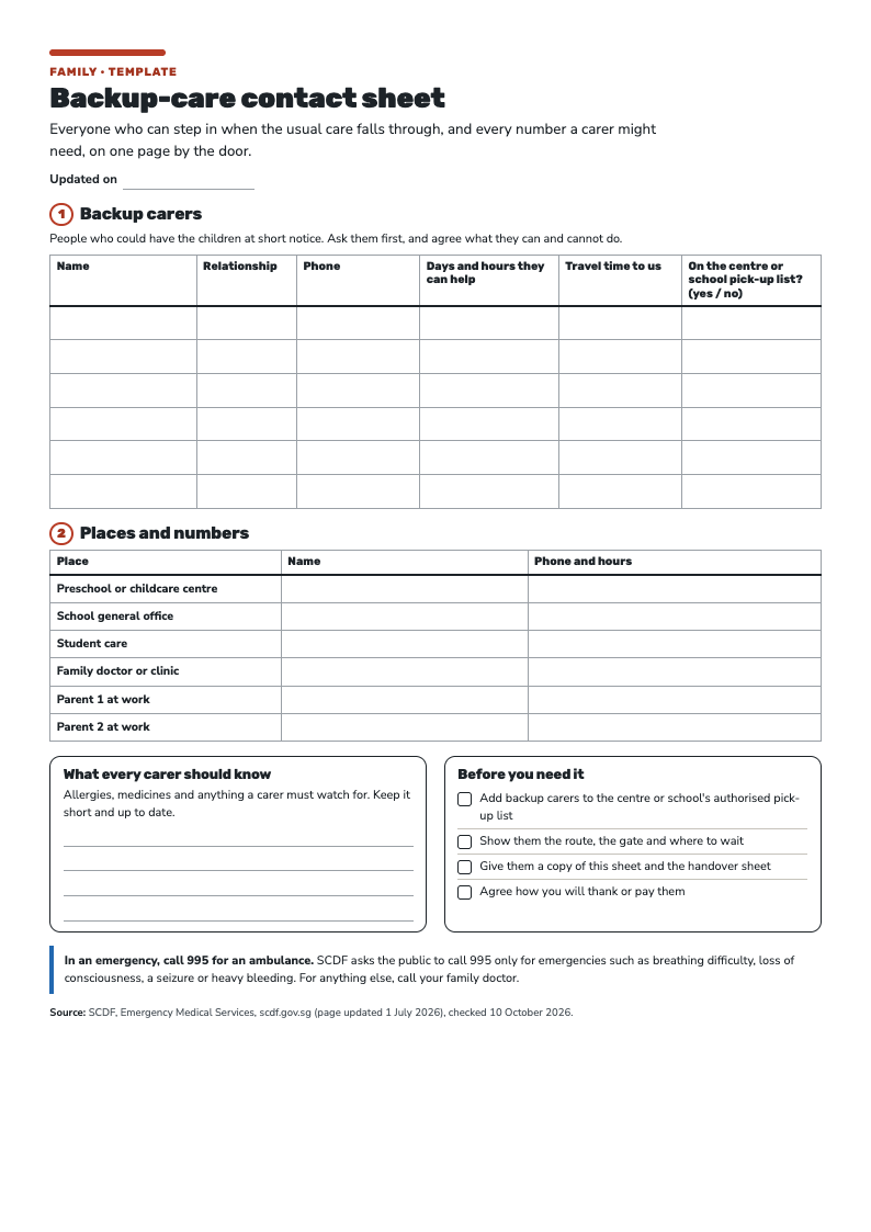 The Backup-Care Contact Sheet: a table of backup carers, a table of places and numbers, and a note to call 995 in an emergency.