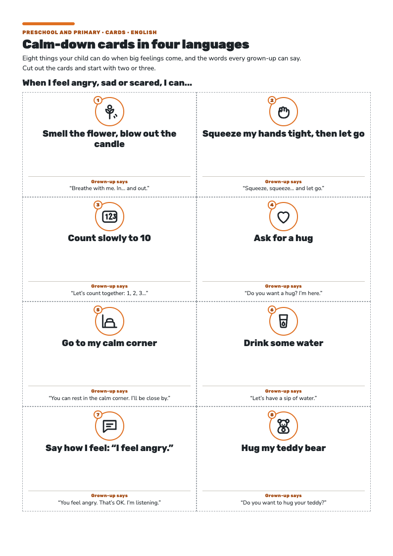 First page of the calm-down cards: eight cut-out cards, such as smell the flower, ask for a hug and hug my teddy bear.