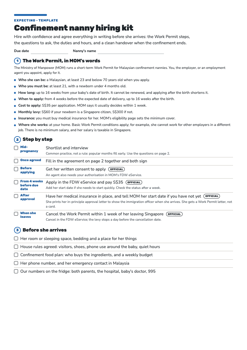 First page of the Confinement Nanny Hiring Kit: MOM's Work Permit facts for a Malaysian confinement nanny and the step-by-step application checklist.