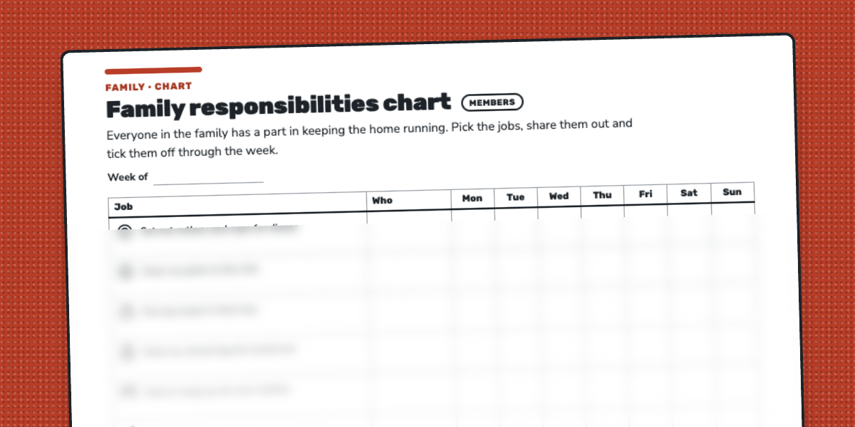 Page 1 of the Family Responsibilities Chart: nine household jobs with picture icons, a Who column and tick boxes for Monday to Sunday.