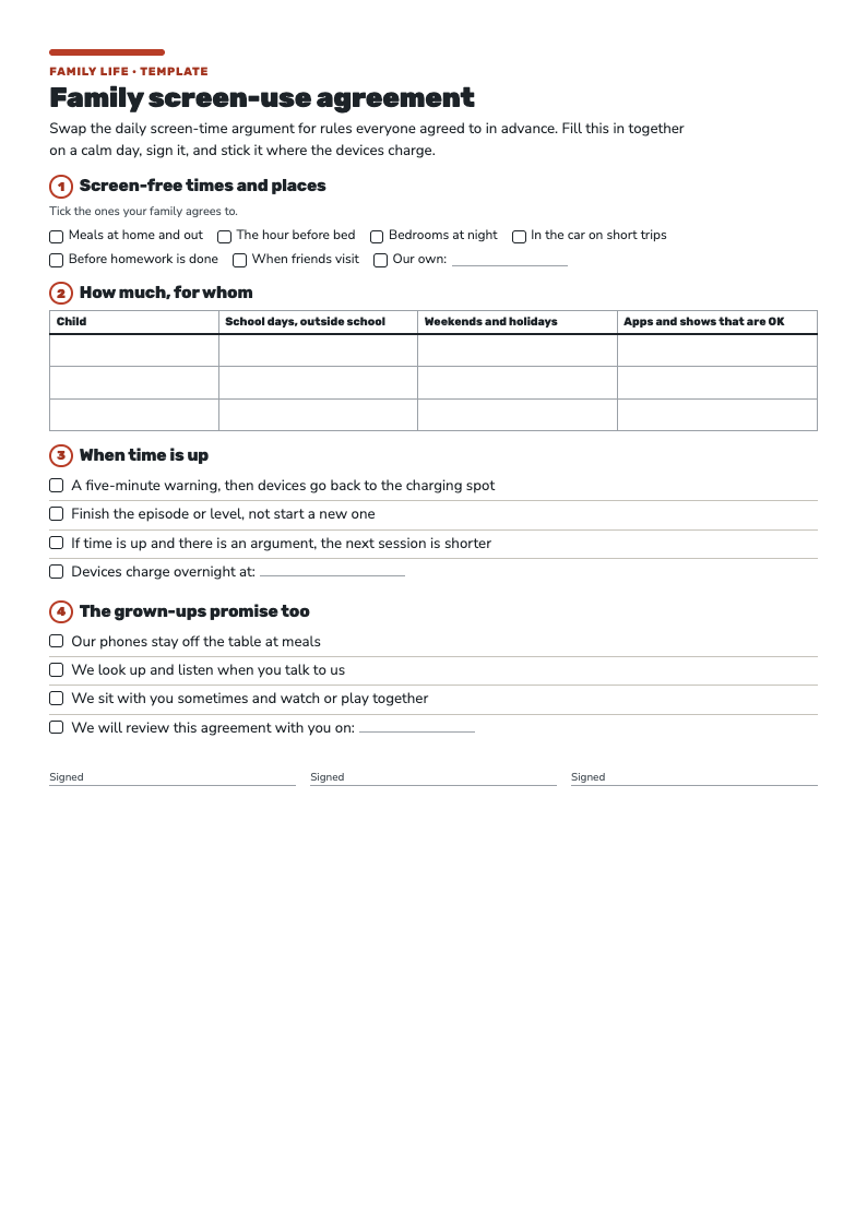 First page of the Family Screen-Use Agreement: tick boxes for screen-free times, a limits table by child, rules for when time is up and promises from the grown-ups.