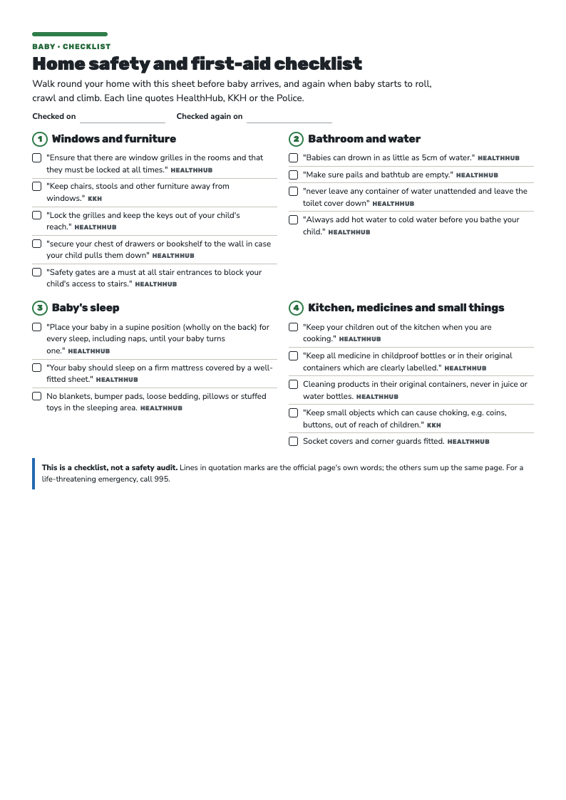 First page of the home safety checklist: tick boxes room by room for windows and grilles, water, sleep, kitchen and medicines.