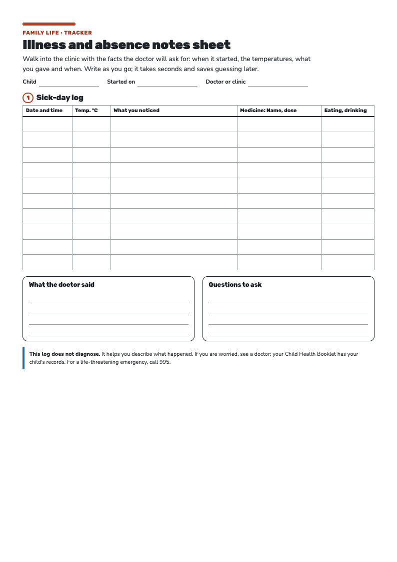 First page of the Illness And Absence Notes Sheet: a sick-day log table for time, temperature, symptoms, medicine and eating, with boxes for the doctor's advice.