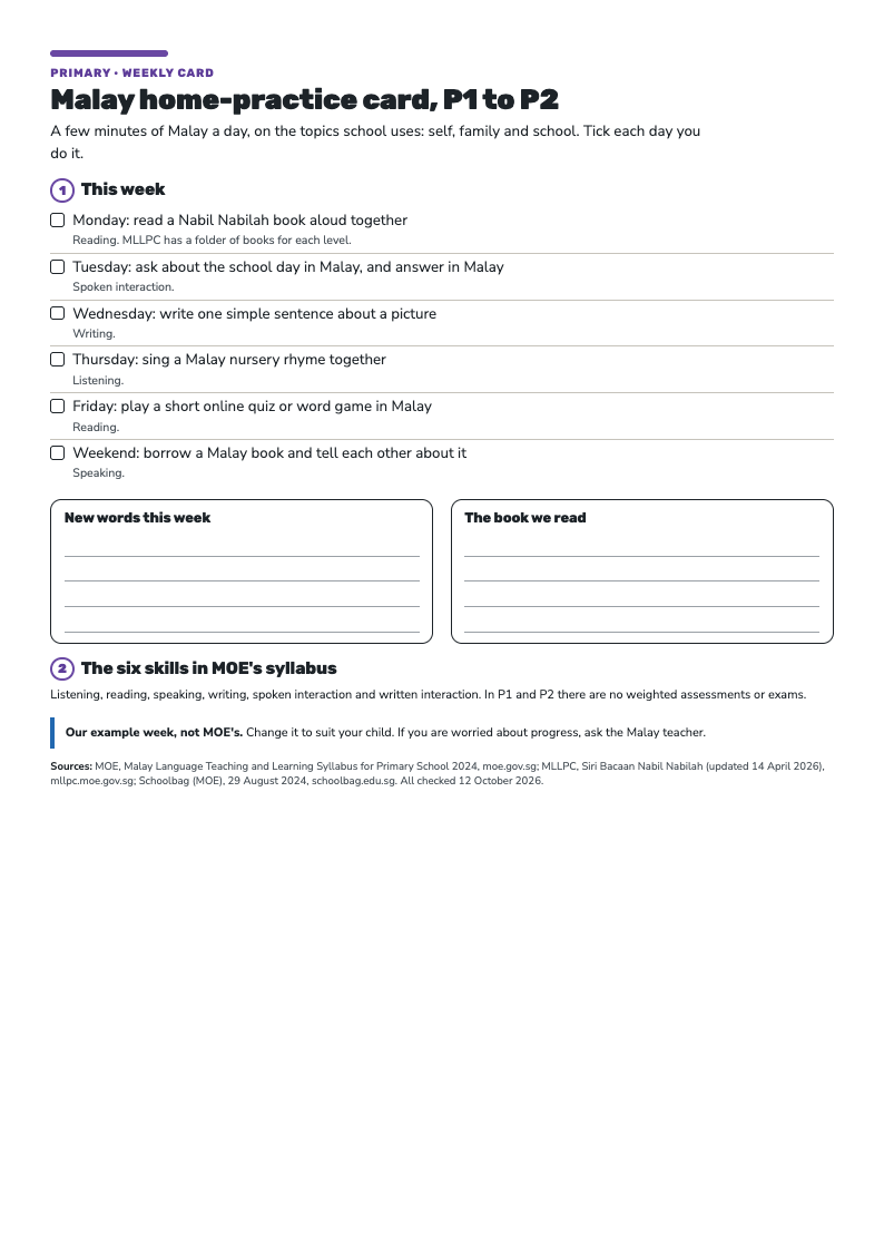 The Malay home-practice card: a week of six short Malay activities with tick boxes, and space for new words and the book read that week.