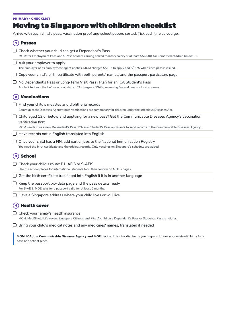 First page of the Moving to Singapore with Children Checklist: four numbered groups of tick-box steps for passes, vaccinations, school and health cover.