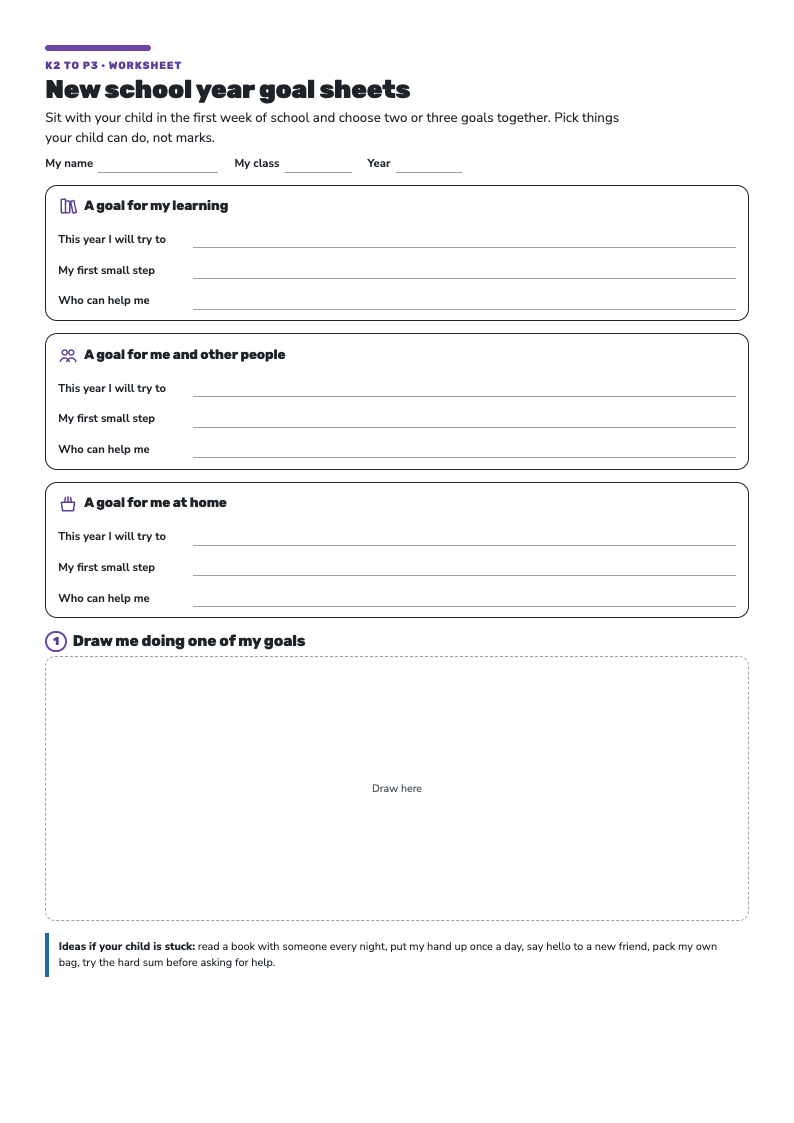 First page of the new school year goal sheets: three goal boxes for learning, other people and home, and a box to draw in.