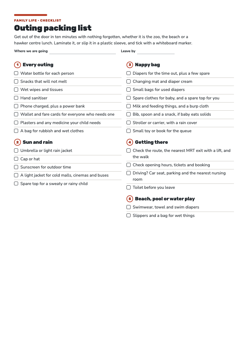 First page of the Outing Packing List: five tick-box groups in two columns, from every-outing basics and the nappy bag to beach and pool.