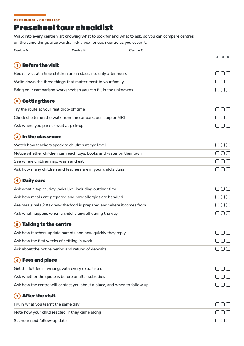 First page of the Preschool Tour Checklist: seven numbered sections of tick-box questions with columns for centres A, B and C.