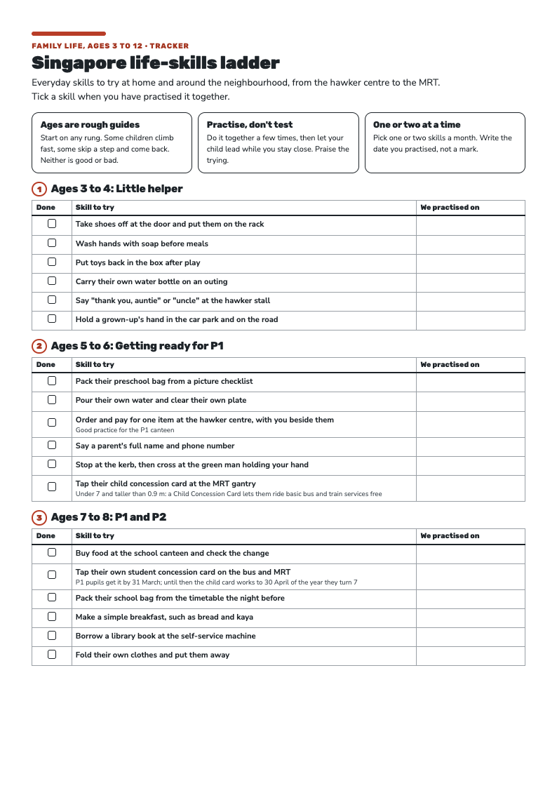 First page of the Singapore life-skills ladder: how to use it, then tick-box tables of everyday skills for ages 3 to 8.