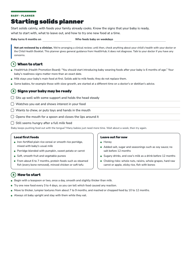 First page of the Starting Solids Planner: when to start, readiness signs to tick, local first foods and the foods to leave out for now.