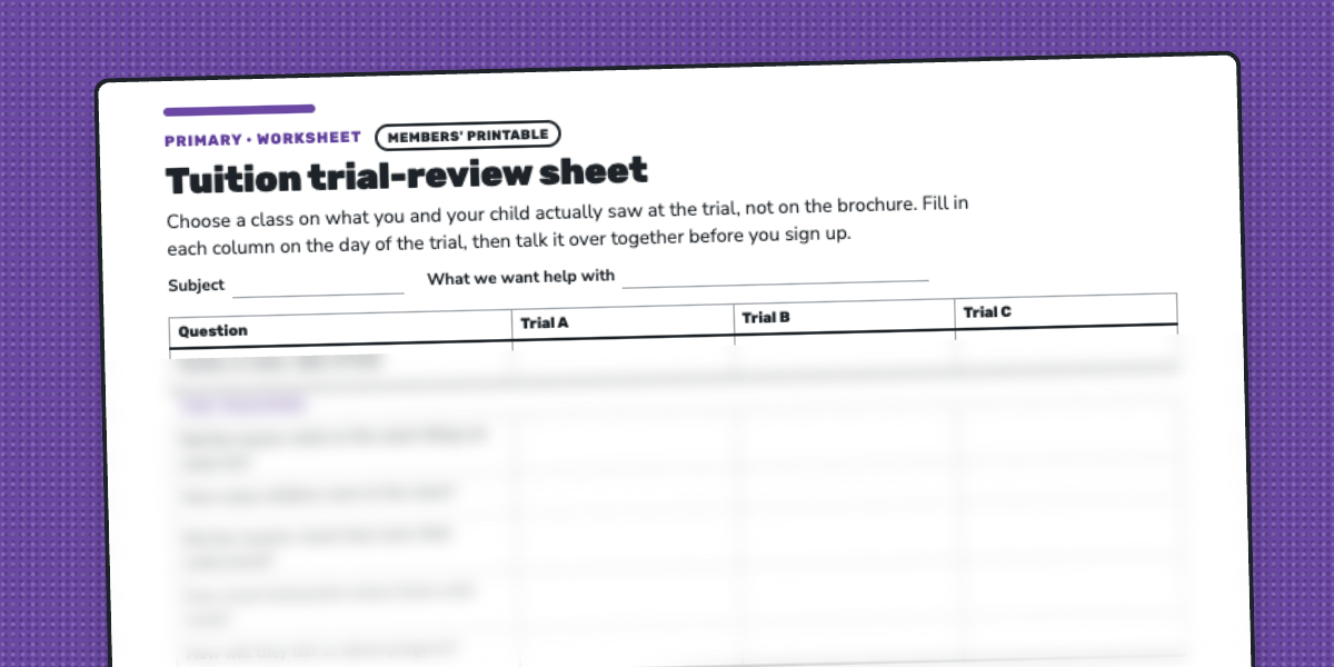 The Tuition Trial-Review Sheet: a table comparing trials A, B and C on teaching, the child's experience, practicalities and cost.