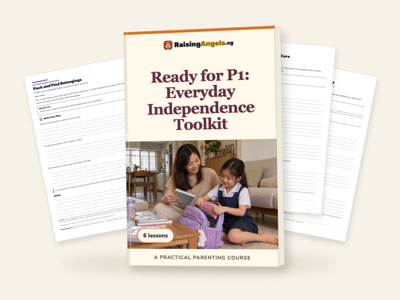 Ready for P1: Everyday Independence Toolkit: cream workbook with a fictional Singapore family and three real practical-sheet pages.