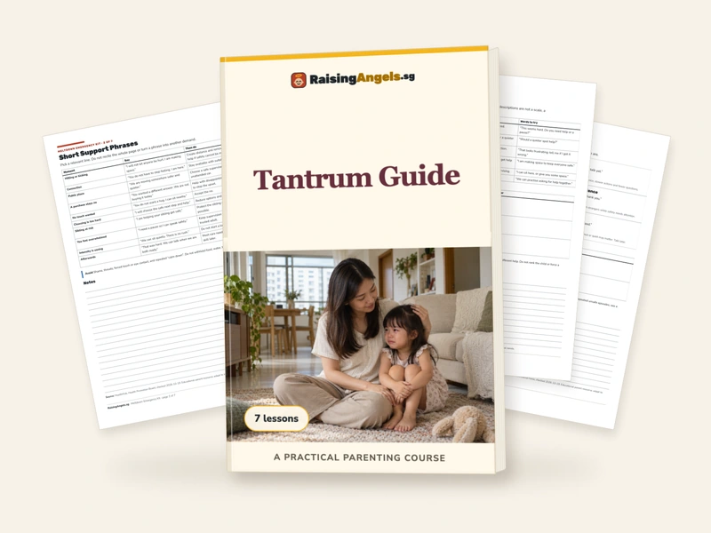 Tantrum Guide: cream workbook with a fictional Singapore family and three real practical-sheet pages.
