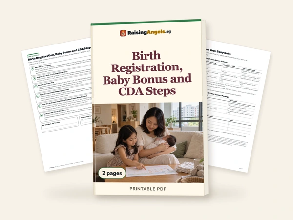 Birth Registration, Baby Bonus and CDA Steps: printable showing its first two real pages; 2 pages.