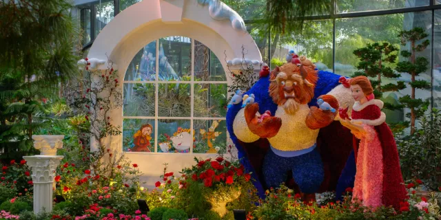 Beauty and the Beast figures made of flowers in the Disney Garden of Wonder at Floral Fantasy