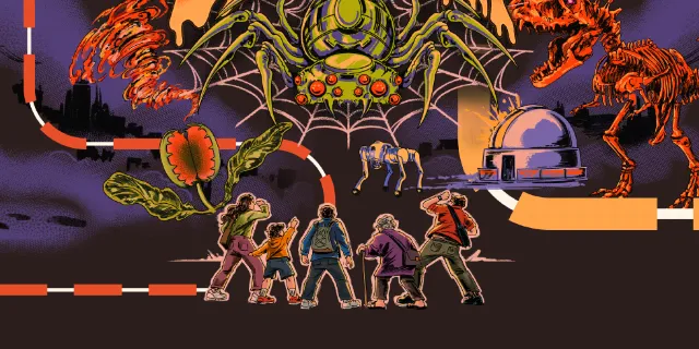 Spookology artwork: a giant spider, a dinosaur skeleton and a group of explorers in the dark