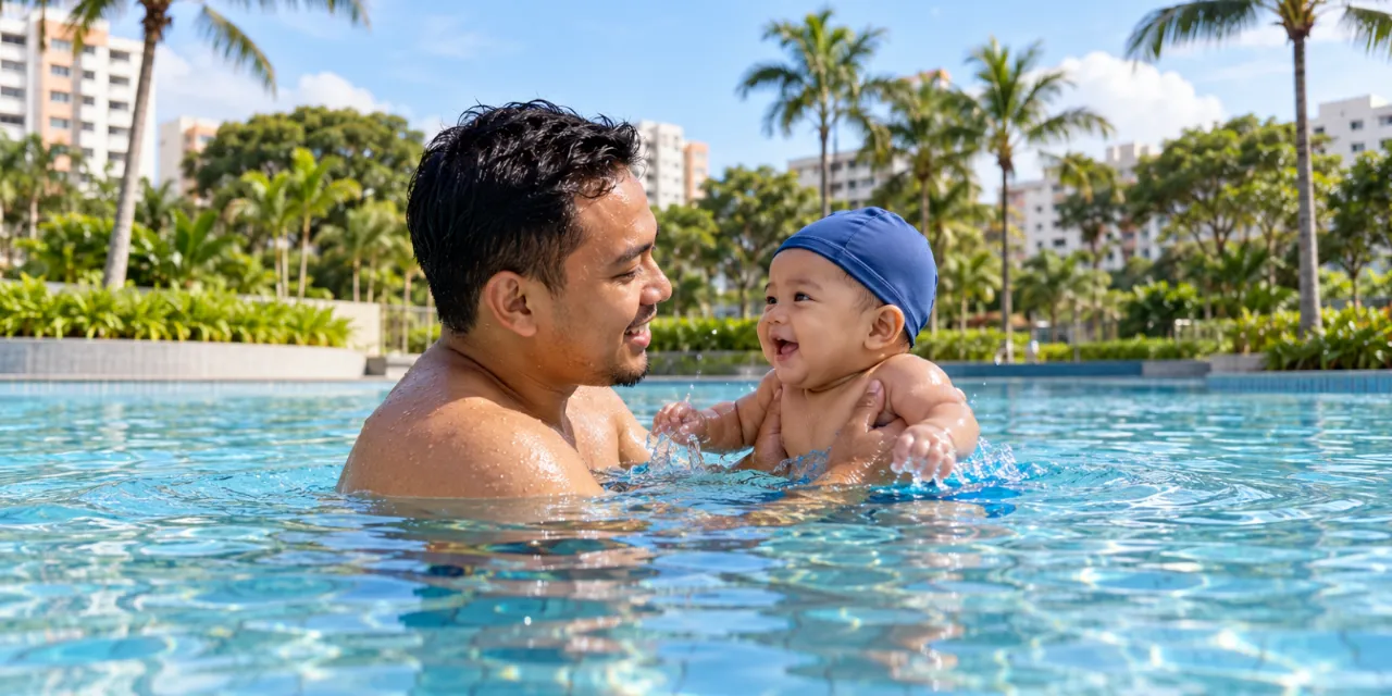 A dad holds his laughing baby in an outdoor swimming pool.